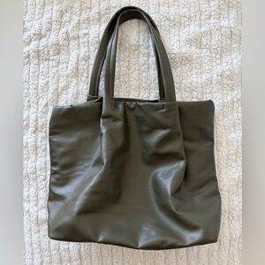 Neiman Marcus Olive Green Faux Leather Shoulder Tote Bag
